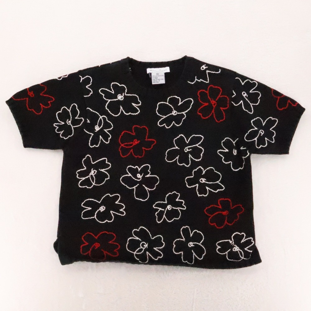 Robert Scott Floral Embroidered Sweater Womens Size M Black Vtg 90s Cotton Boxy
